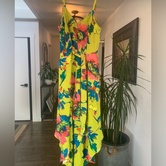 MSK Watercolor Spaghetti Strap Jumpsuit Neon Green Front Tie Women’s Medium NWT‎ - Picture 1 of 8